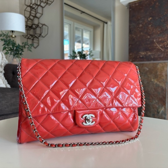 CHANEL Handbags - Gorgeous Chanel CC Quilted Patent Flap Clutch Chain Orange Silver Shoulder Bag